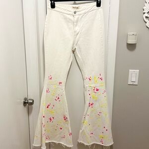 Peach Love California Splatter Paint Bell Bottom Flare Jeans White Pants Women M